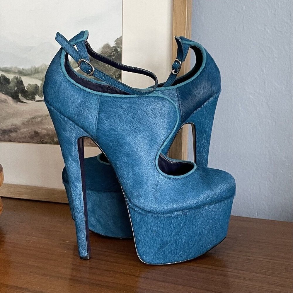 LONDON TRASH CANDY Cutout Haircalf Platform Stiletto Heels Sz 6 Teal